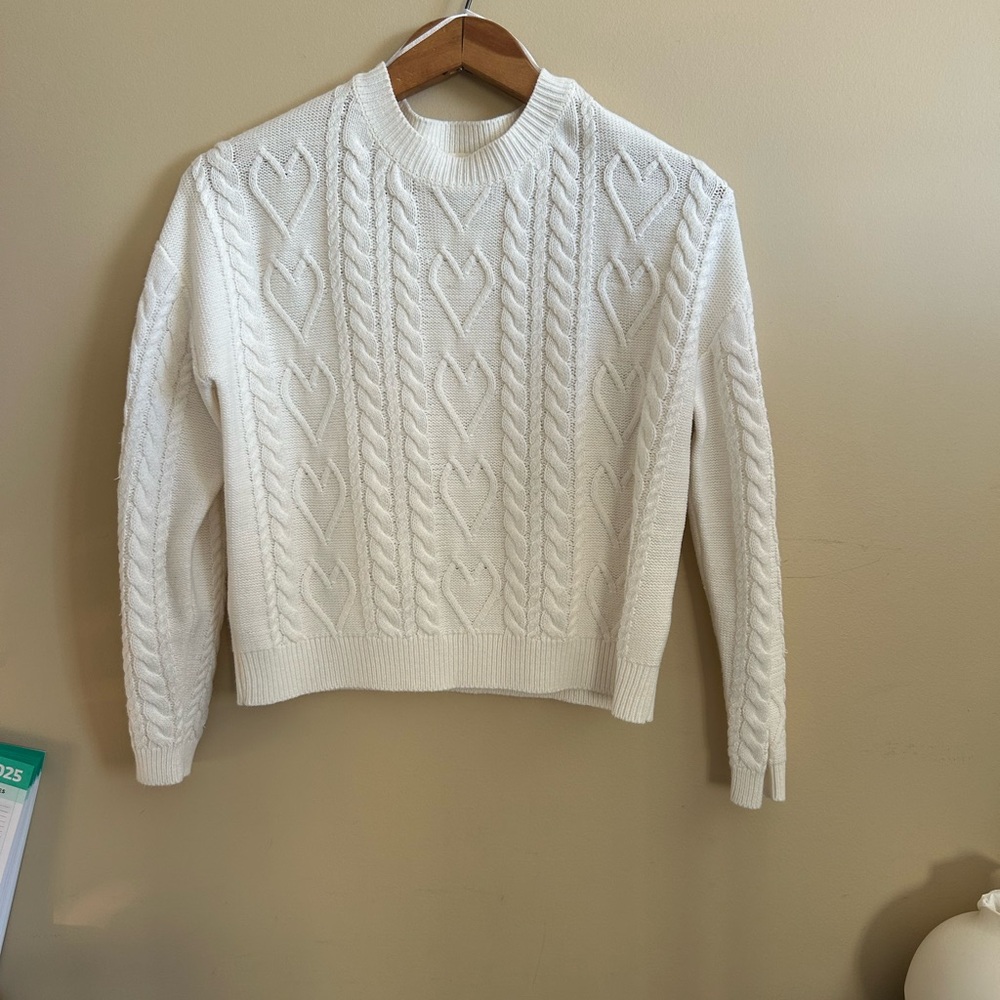 RETROD Cream Heart Cable Knit Sweater Preppy/ high Neck/ Cropped